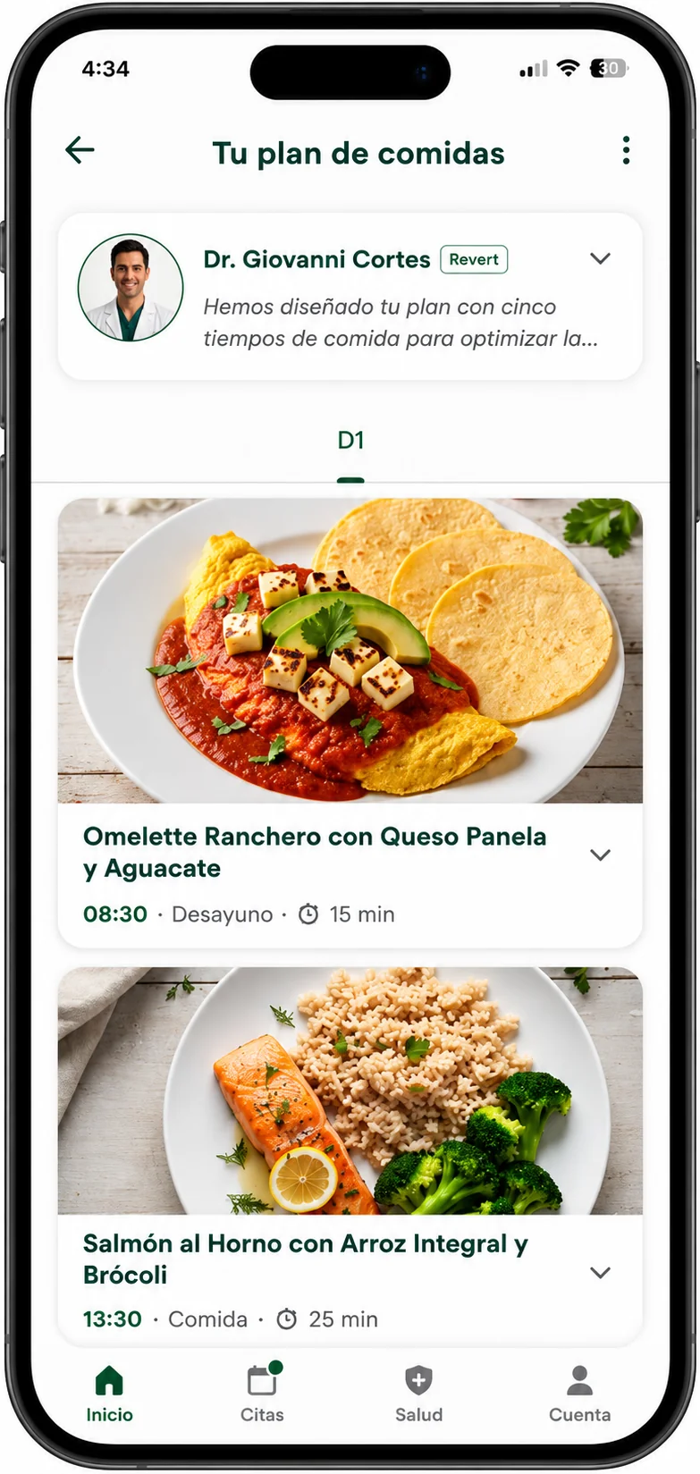 Plan de alimentación en la app Revert